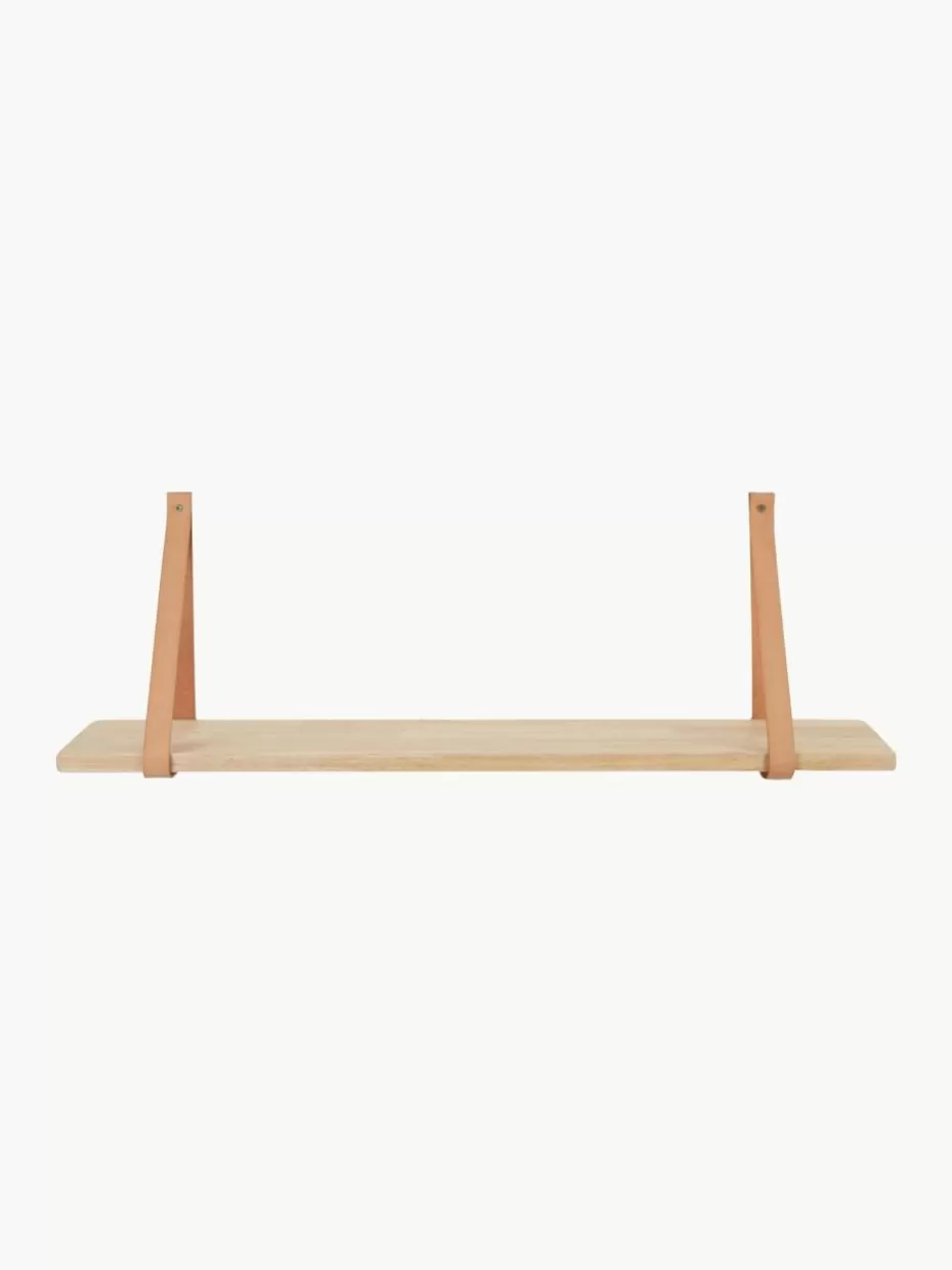 Regale-Westwing Wandregal Forno mit Lederriemen Gummibaumholz, Beige