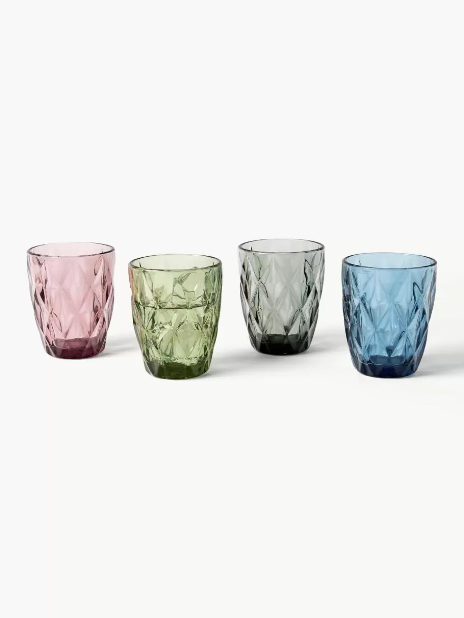 Wassergläser-Westwing Collection Wassergläser Colorado mit Strukturmuster, 4er-Set Blau, Mauve, Grau, Grün