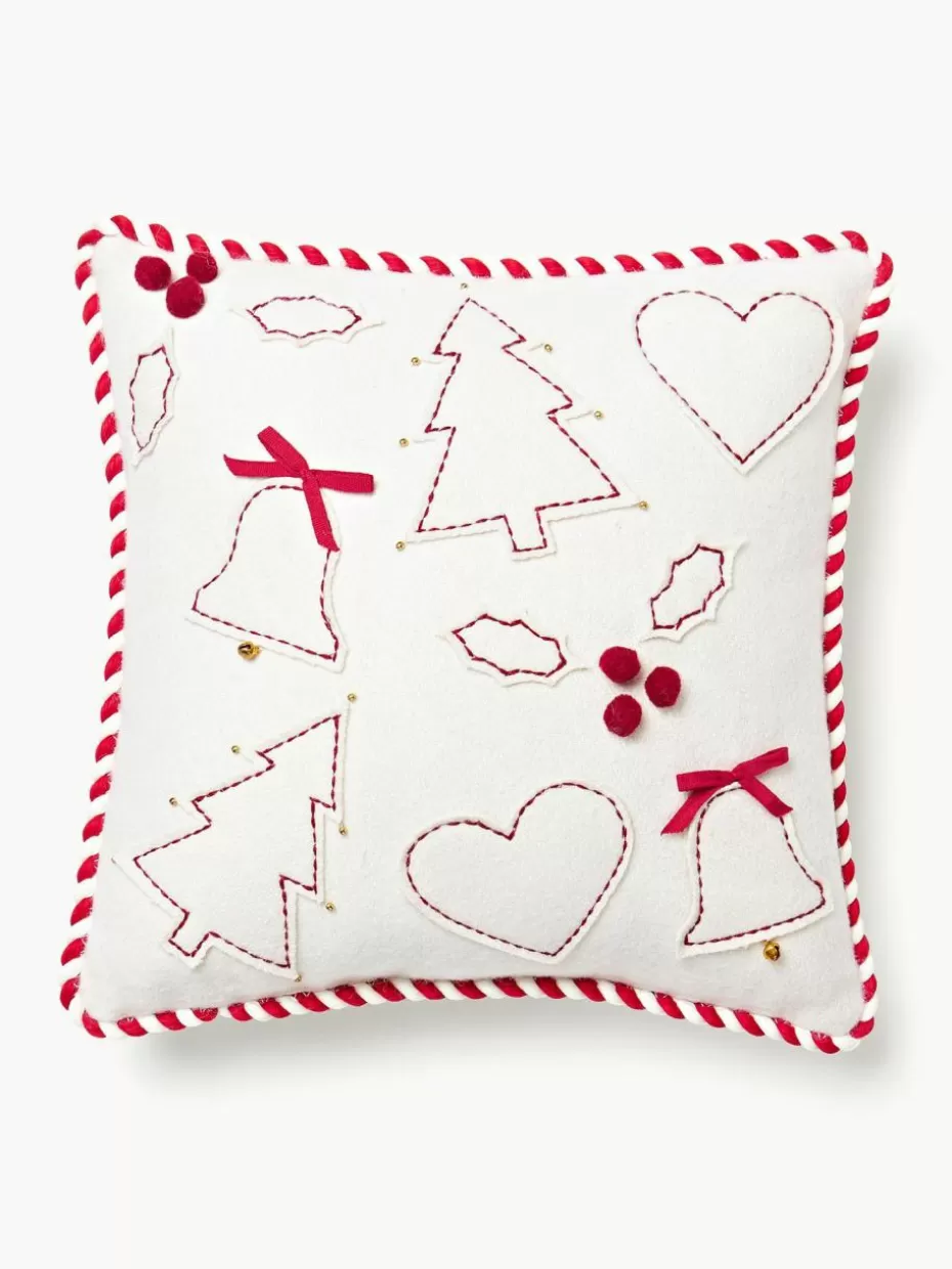 Weihnachtskissen | Dekokissen-Westwing Collection Woll-Dekokissen Jova mit winterlichem Motiv Off White, Rot