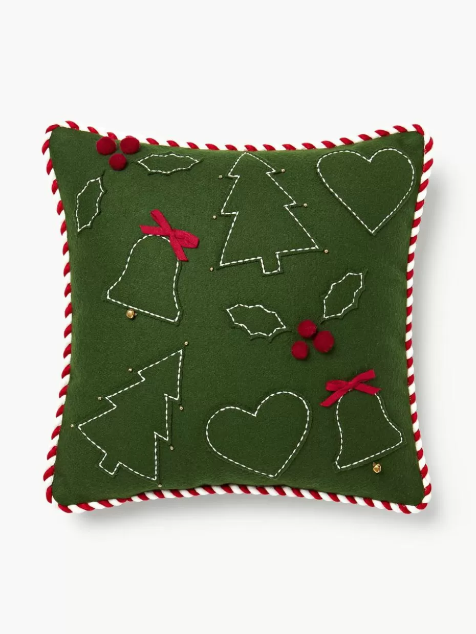 Weihnachtskissen | Dekokissen-Westwing Collection Woll-Dekokissen Jova mit winterlichem Motiv Dunkelgrün, Weiß, Rot