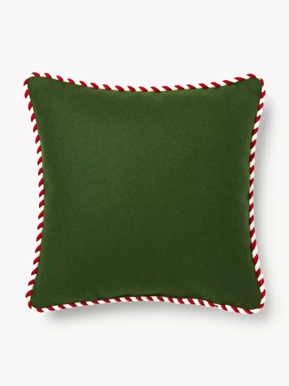 Weihnachtskissen | Dekokissen-Westwing Collection Woll-Dekokissen Jova mit winterlichem Motiv Dunkelgrün, Weiß, Rot